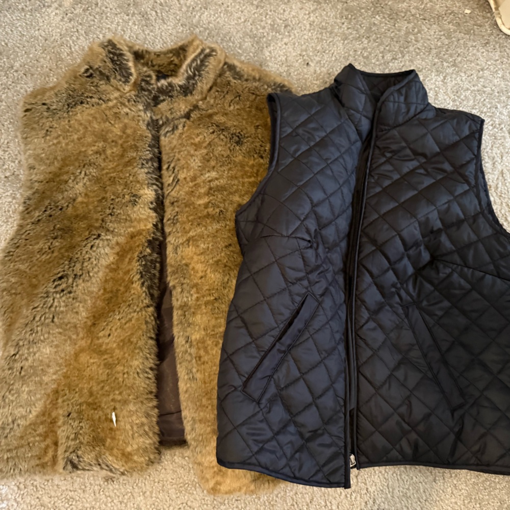Karen Scott Black Quilted Vest and Brown Faux Fur Vest